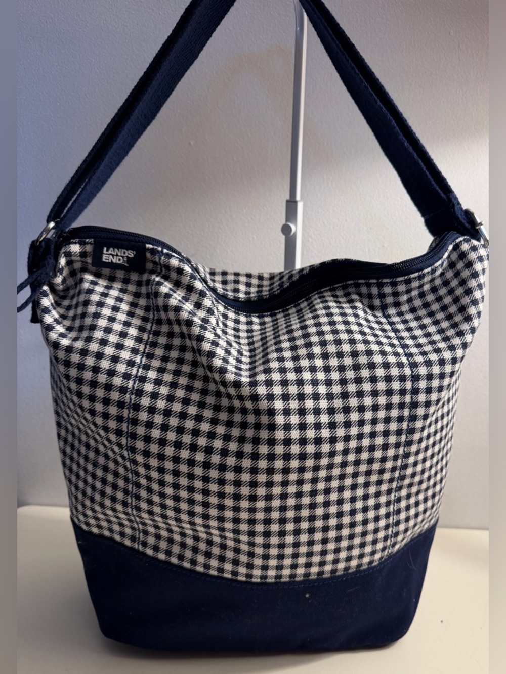 Lands End navy and white gingham canvas crossbody/shoulder tote.